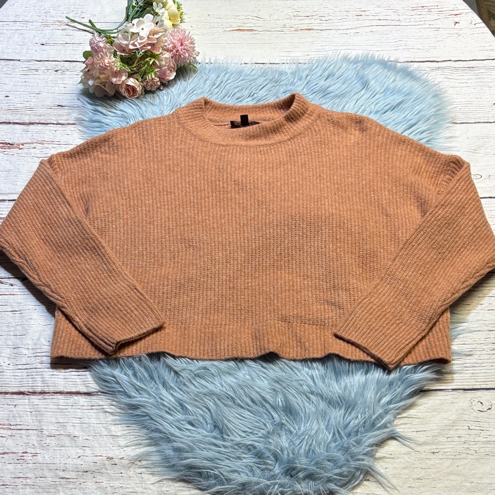 Lulu's Soft Tan Knit Criss Cross Back Crop Sweater sz XS